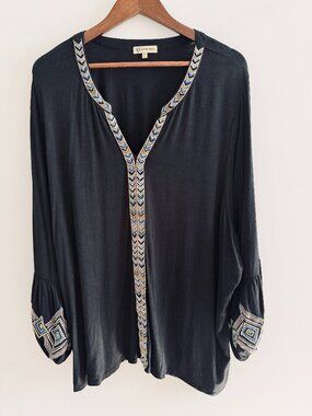 Democracy 3X Black Embroidered Sleeve Boho Peasant Tunic Top Plus Size